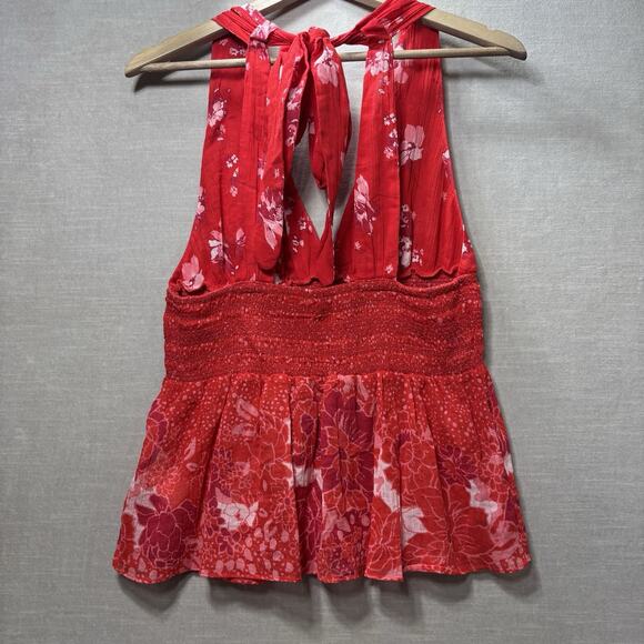 Free People Smocked Floral Halter Tank Top Back Tie Medium Red Boho Indie Resort - Picture 7 of 9